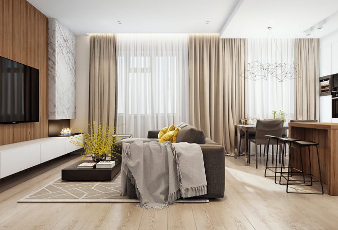 Cozinha com sala de estar em apartamento