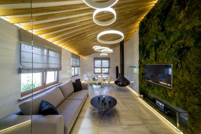 plantas verdes vivas no interior da sala de estar em estilo ecológico