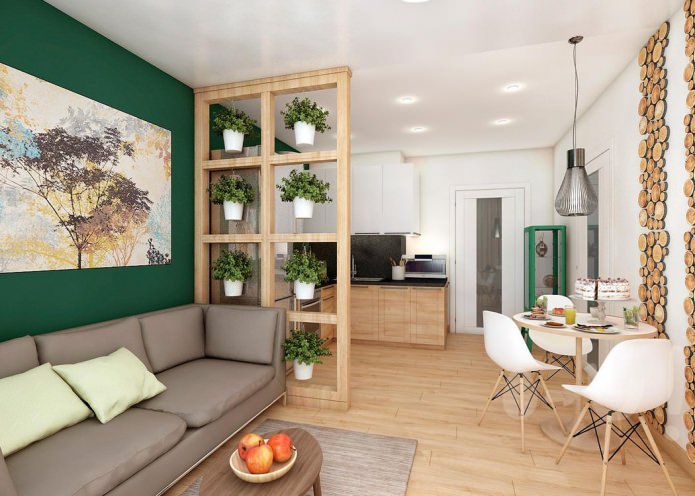 interior de sala de estar e cozinha em estilo ecológico