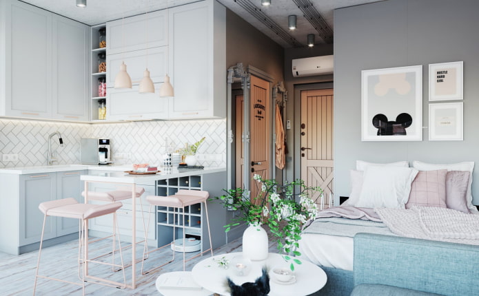 design de interiores de cozinha e quarto