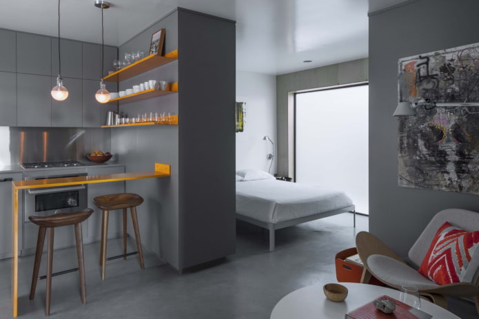 design de interiores de cozinha e quarto