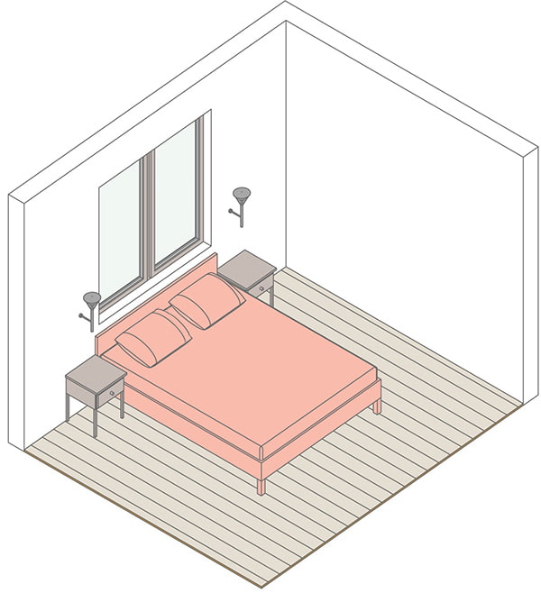 Disposição do quarto com uma cama perto da janela