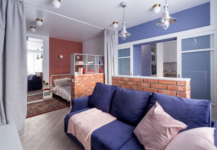 zoneamento com cortinas no interior do quarto-sala de estar