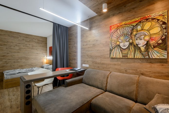 arranjo de um quarto e sala de estar combinados