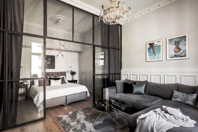 design de um quarto e sala de estar combinados