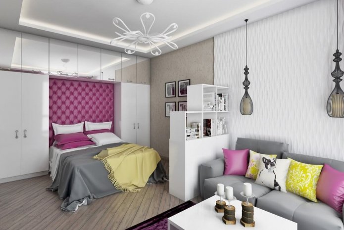 zoneamento com acabamento no interior do quarto-sala de estar