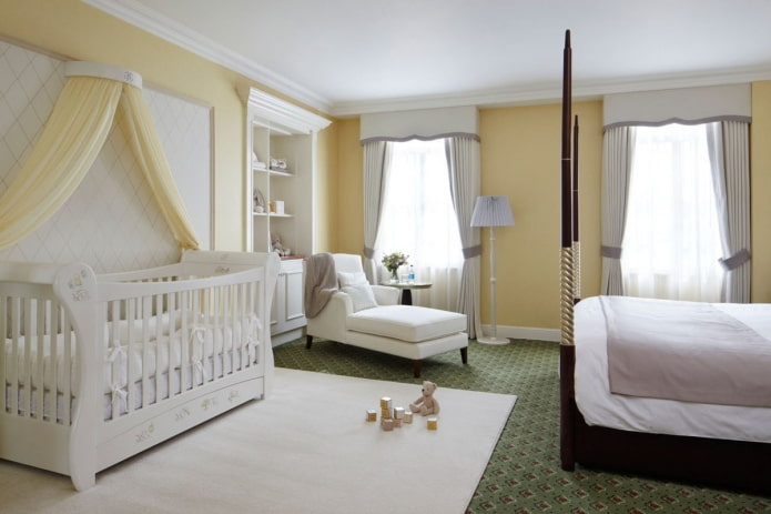 zoneamento visual de um quarto e berçário combinados