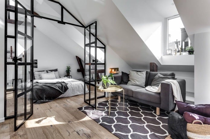 zoneamento da área de dormir no interior de um quarto no sótão