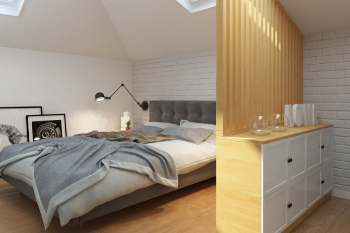 zoneamento da área de dormir no interior de um quarto no sótão