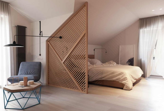 zoneamento da área de dormir no interior de um quarto no sótão
