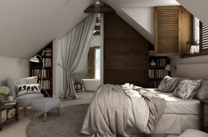 layout de um quarto no sótão com banheiro
