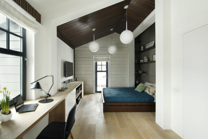 layout de um quarto no sótão com um local de trabalho