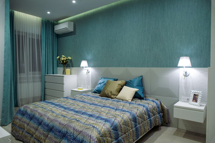 interior do quarto cinza e turquesa