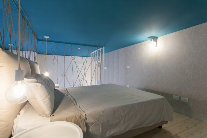 interior do quarto cinza e turquesa