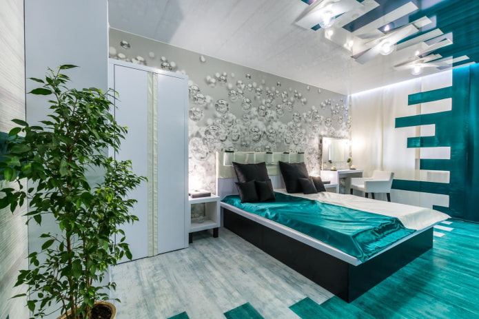 interior de um quarto branco e turquesa