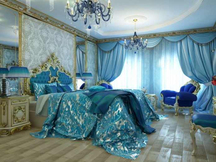 interior do quarto em tons de dourado e azul