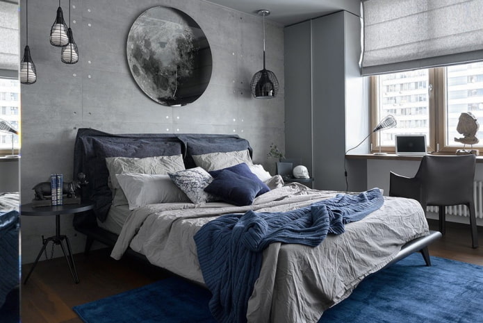 design de quarto cinza-azulado