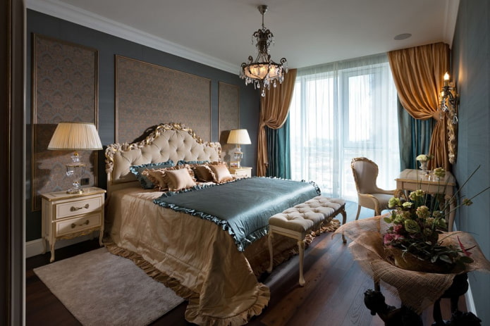 quarto cinza com detalhes brilhantes