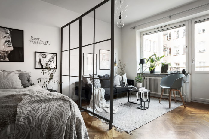 Design de quarto e sala de estar em estilo escandinavo