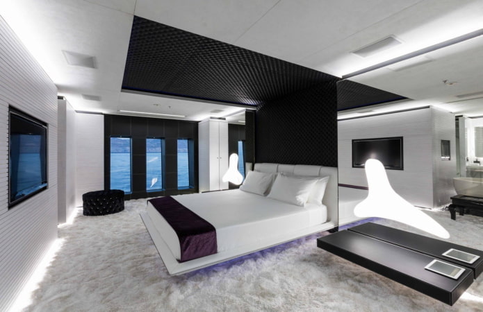 têxteis no interior do quarto em estilo high-tech