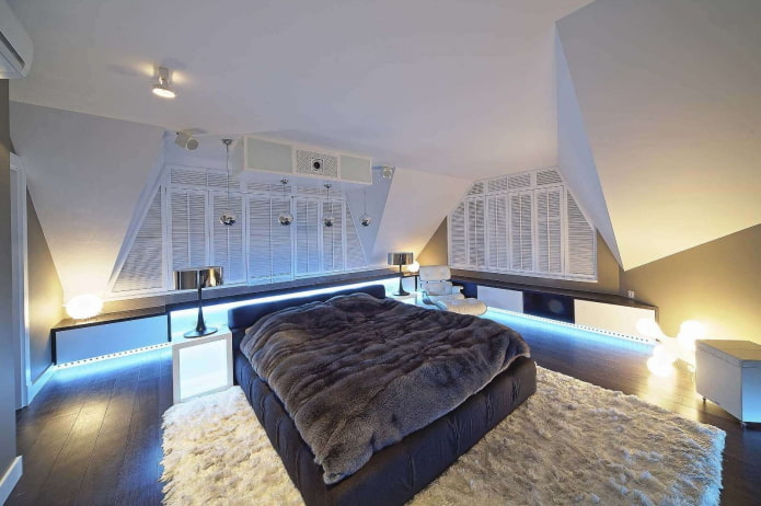 têxteis no interior do quarto em estilo high-tech
