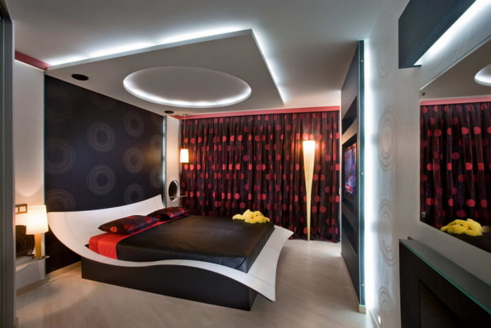 têxteis no interior do quarto em estilo high-tech