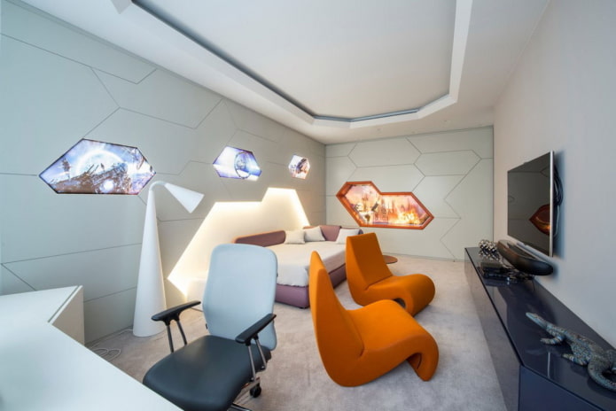 design de interiores de quarto em estilo hi-tech