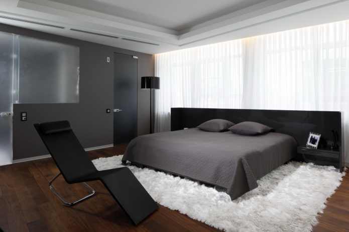 têxteis no interior do quarto em estilo high-tech