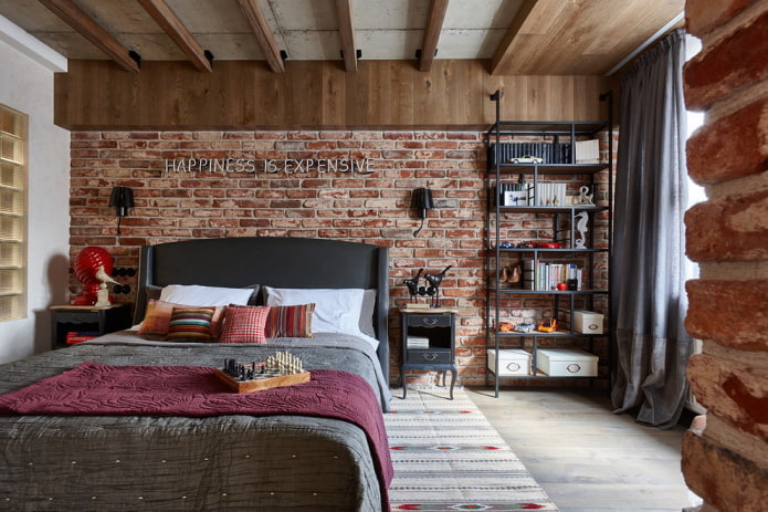 têxteis e decoração no interior do quarto em estilo industrial