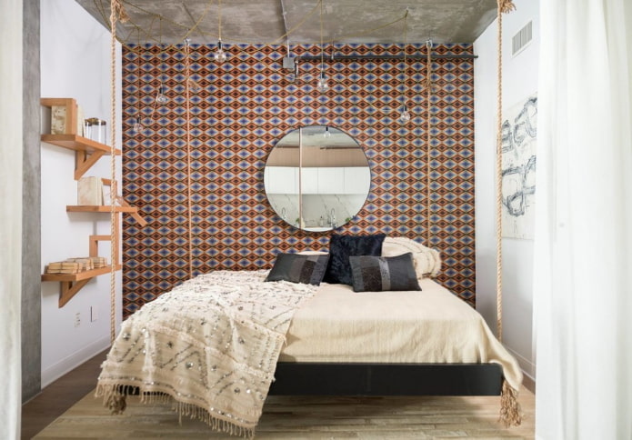 têxteis e decoração no interior do quarto em estilo industrial
