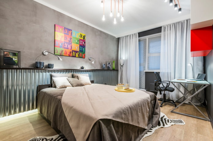 têxteis e decoração no interior de um quarto em estilo industrial