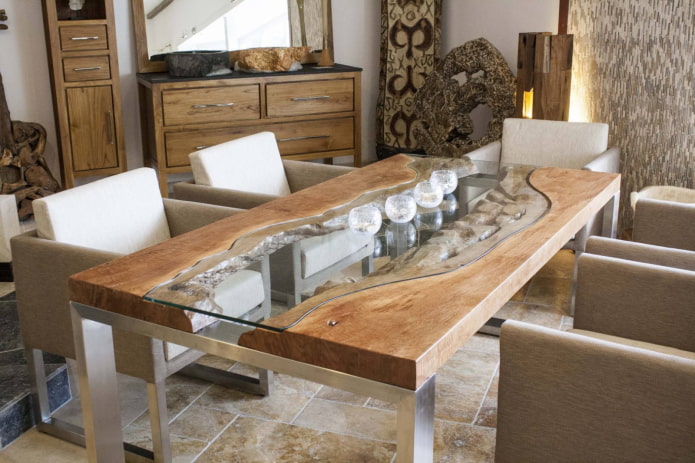 mesa de vidro e madeira