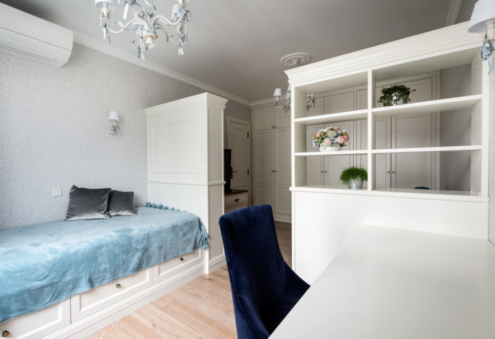 planta de um quarto infantil e sala de estar combinados