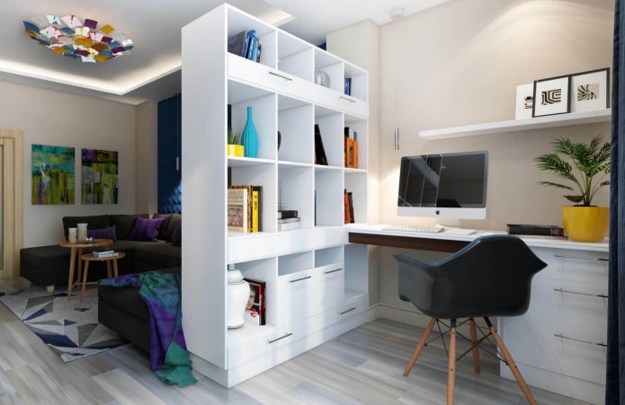 divisória em forma de rack com mesa no interior