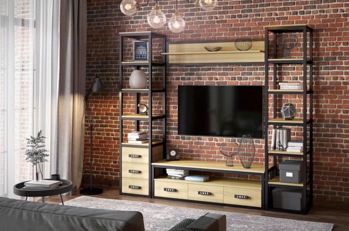 parede no interior da sala de estar em estilo loft