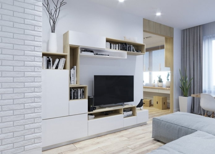 parede no interior da sala de estar em estilo escandinavo