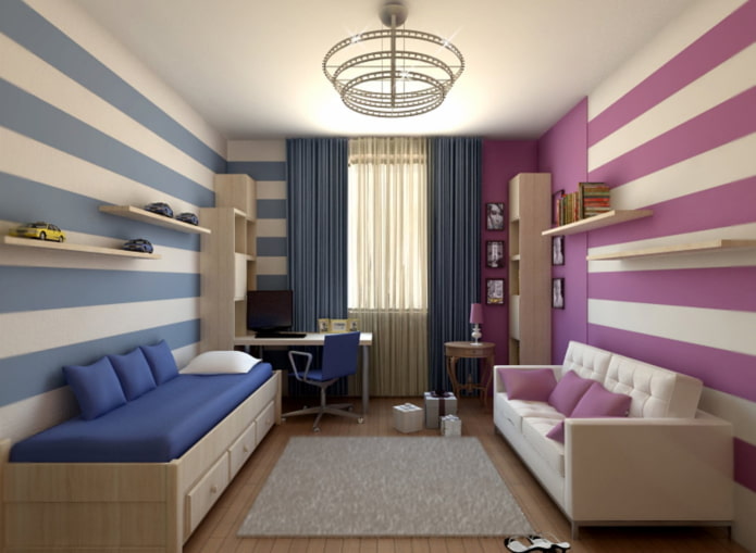 design de parede em um quarto para crianças de sexos diferentes