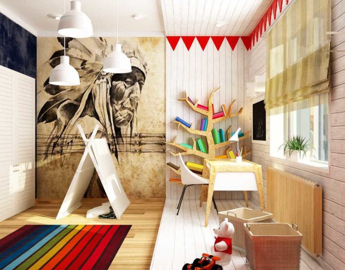 combinação de interiores de quarto infantil indiano e moderno