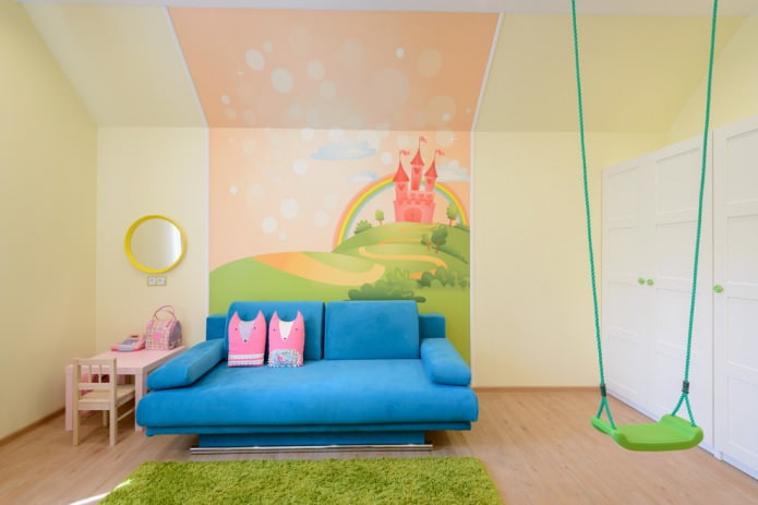 interior do quarto infantil de uma menina Quarto com papel de parede fotográfico