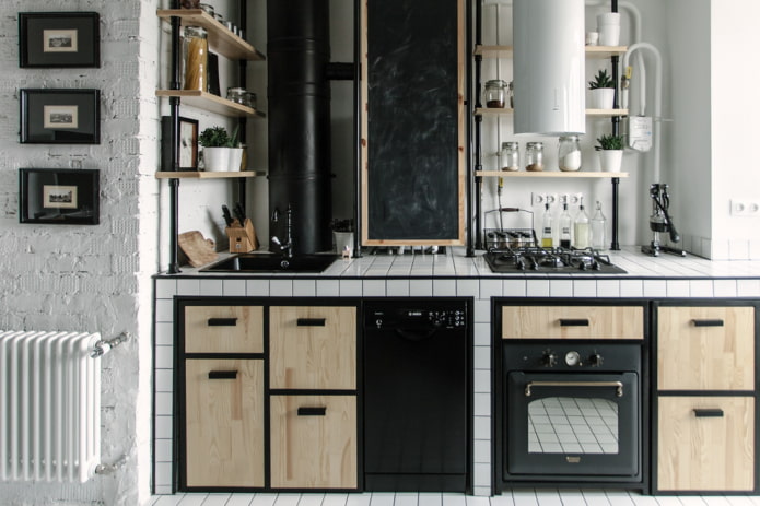bancada com acabamento em azulejo em estilo loft