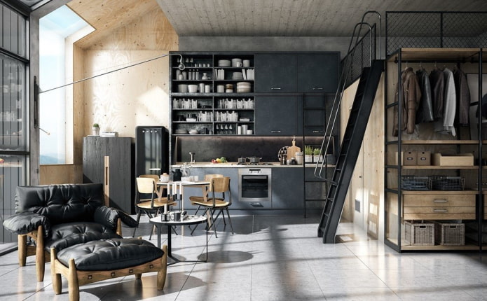 decoração de estúdio em estilo industrial
