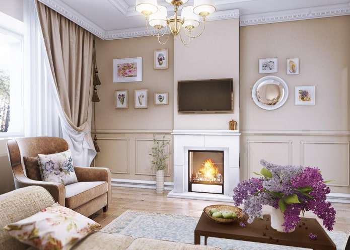 Painel de TV acima da lareira no interior em estilo provençal