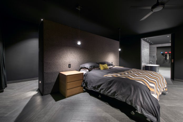 quarto com piso e paredes escuros
