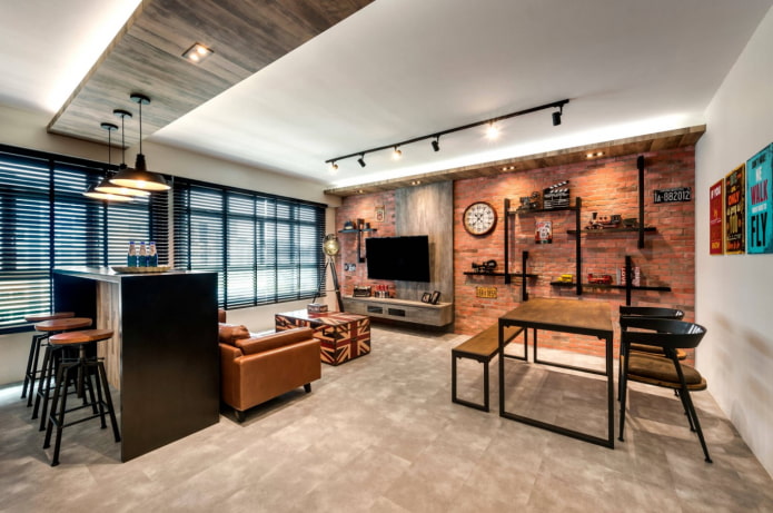 luzes de trilho na sala de estar em estilo loft