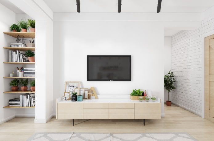 Suporte de TV no interior em estilo escandinavo