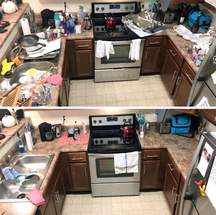 Cozinha em U antes e depois da limpeza