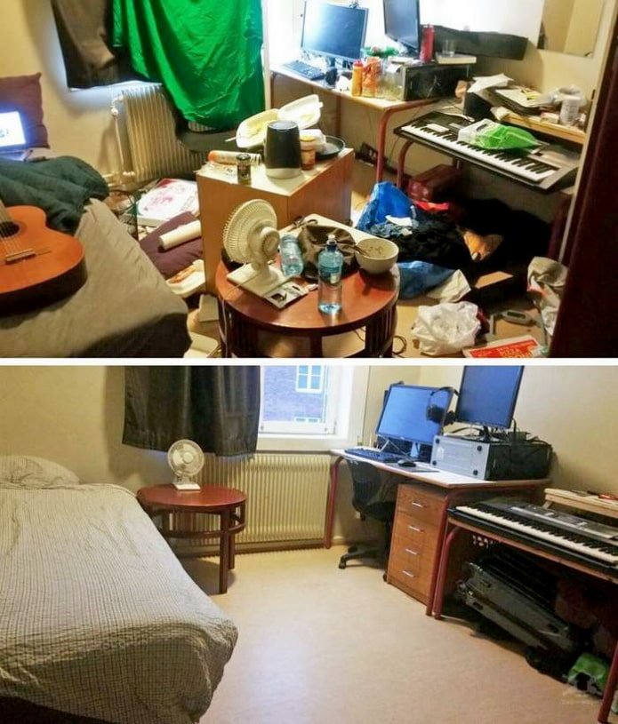Quarto de adolescente antes e depois da limpeza