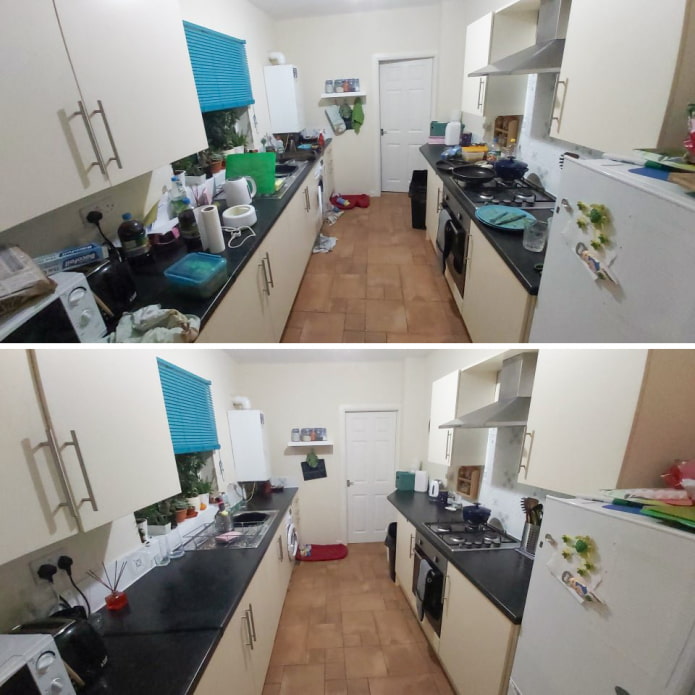 Cozinha antes e depois da limpeza