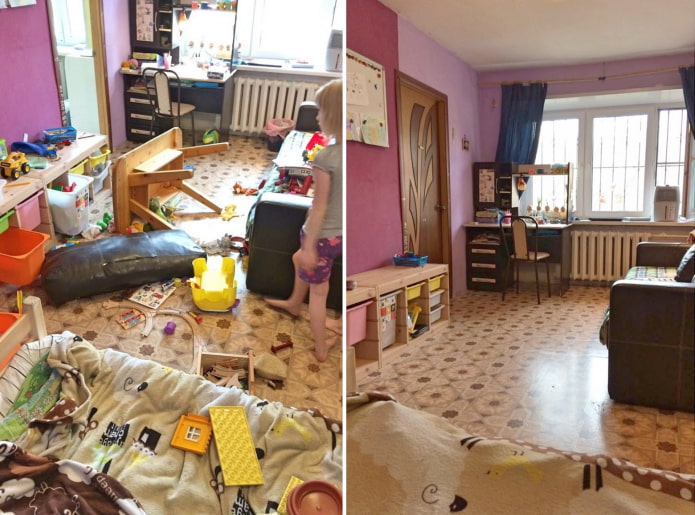 Limpeza do quarto do bebê antes e depois