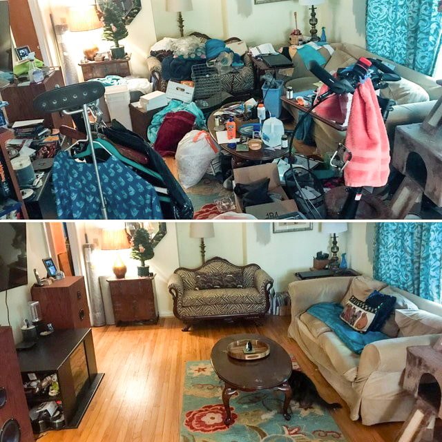 Sala de estar antes e depois da limpeza